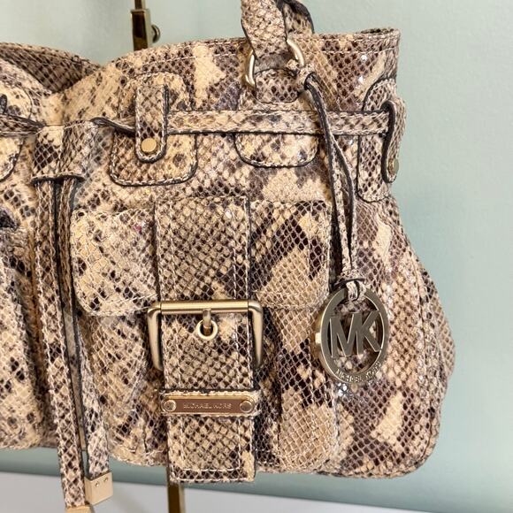 Michael Kors Satchel Shoulder Handbag Brown Tan Python Buckle Double Top Handles - Picture 3 of 12